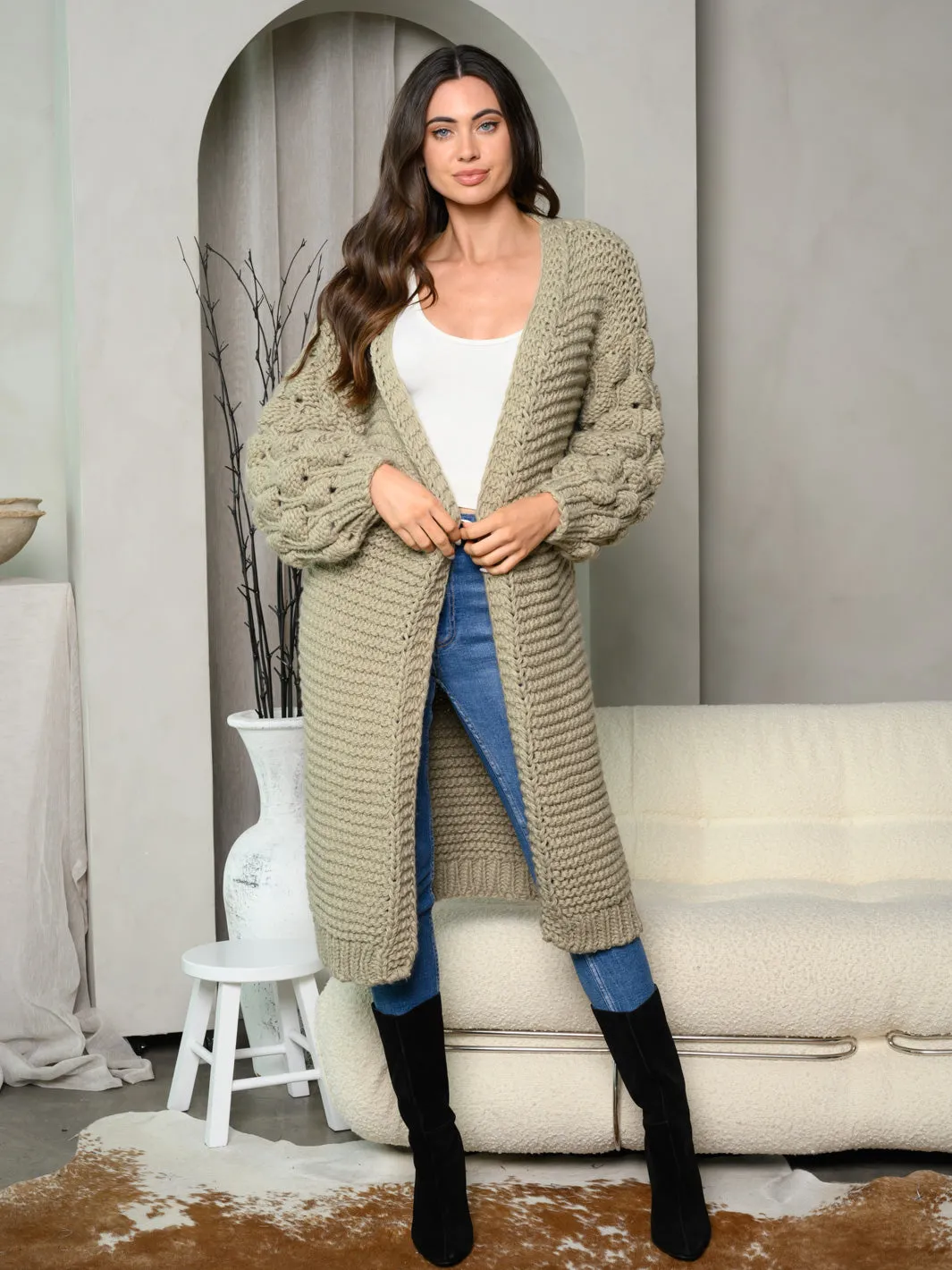 WOMEN'S LONG BALLON SLEEVE OPEN LONG CARDIGAN