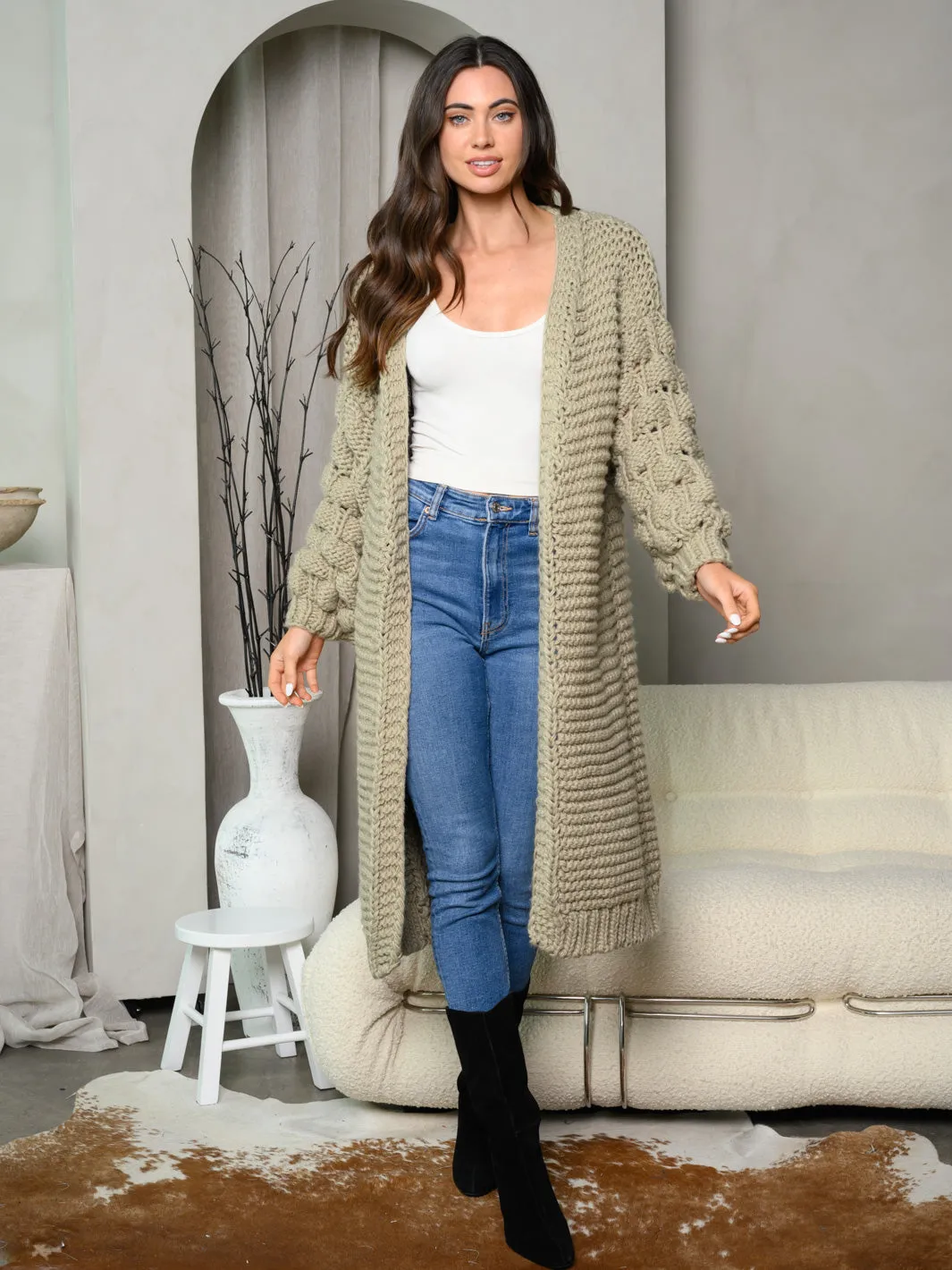 WOMEN'S LONG BALLON SLEEVE OPEN LONG CARDIGAN