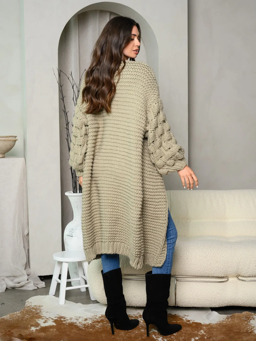 WOMEN'S LONG BALLON SLEEVE OPEN LONG CARDIGAN