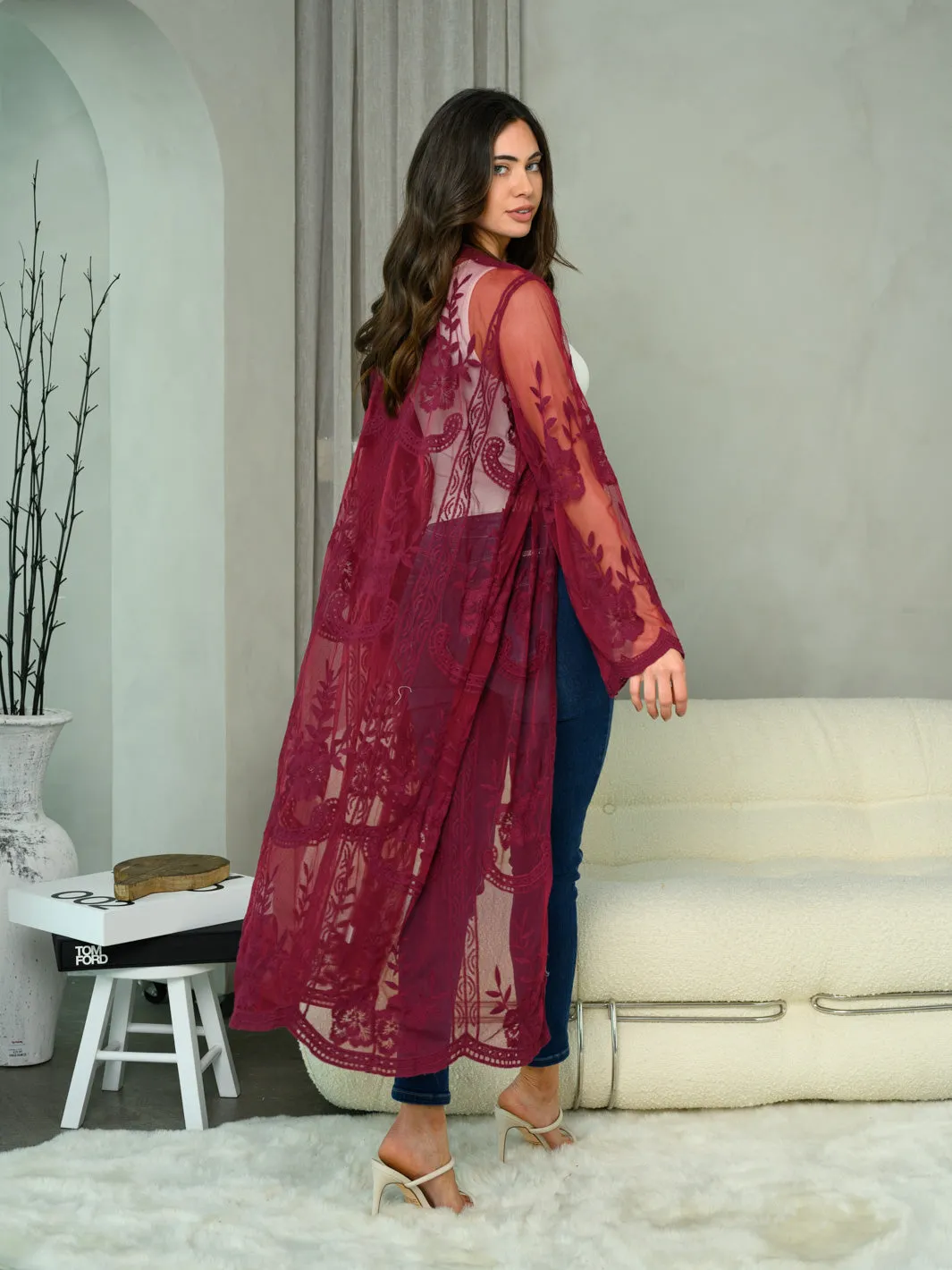 WOMEN'S LONG SLEEVE ALL OVER LACE LONG CARDIGAN