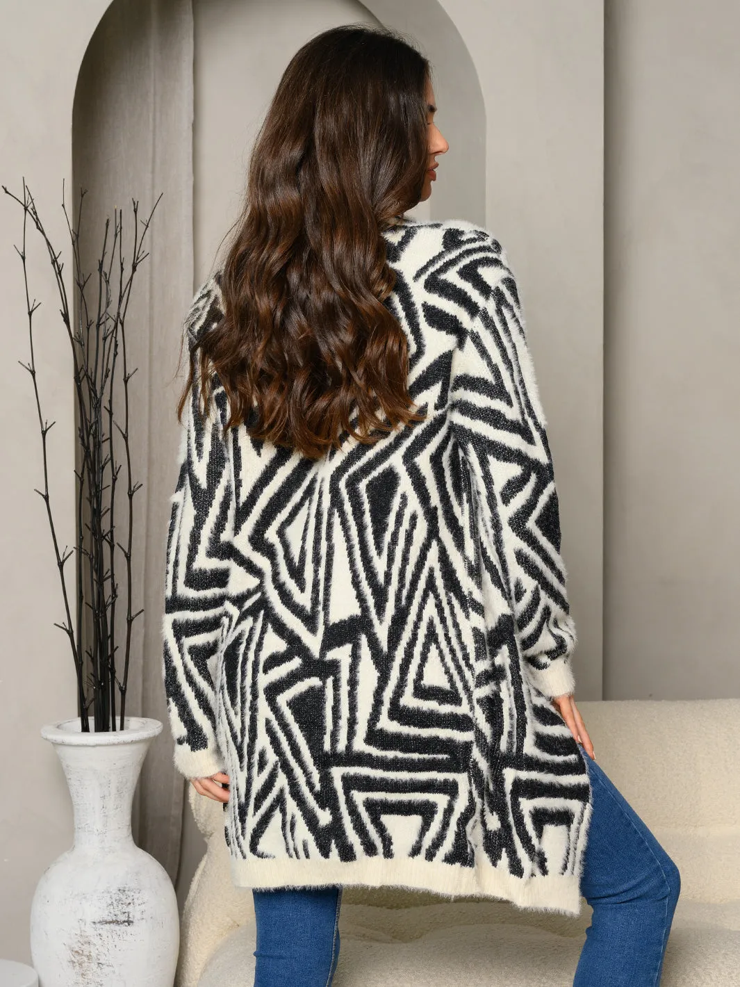 WOMEN'S LONG SLEEVE ANIMAL PRINT FUZZY OPEN CARDIGAN