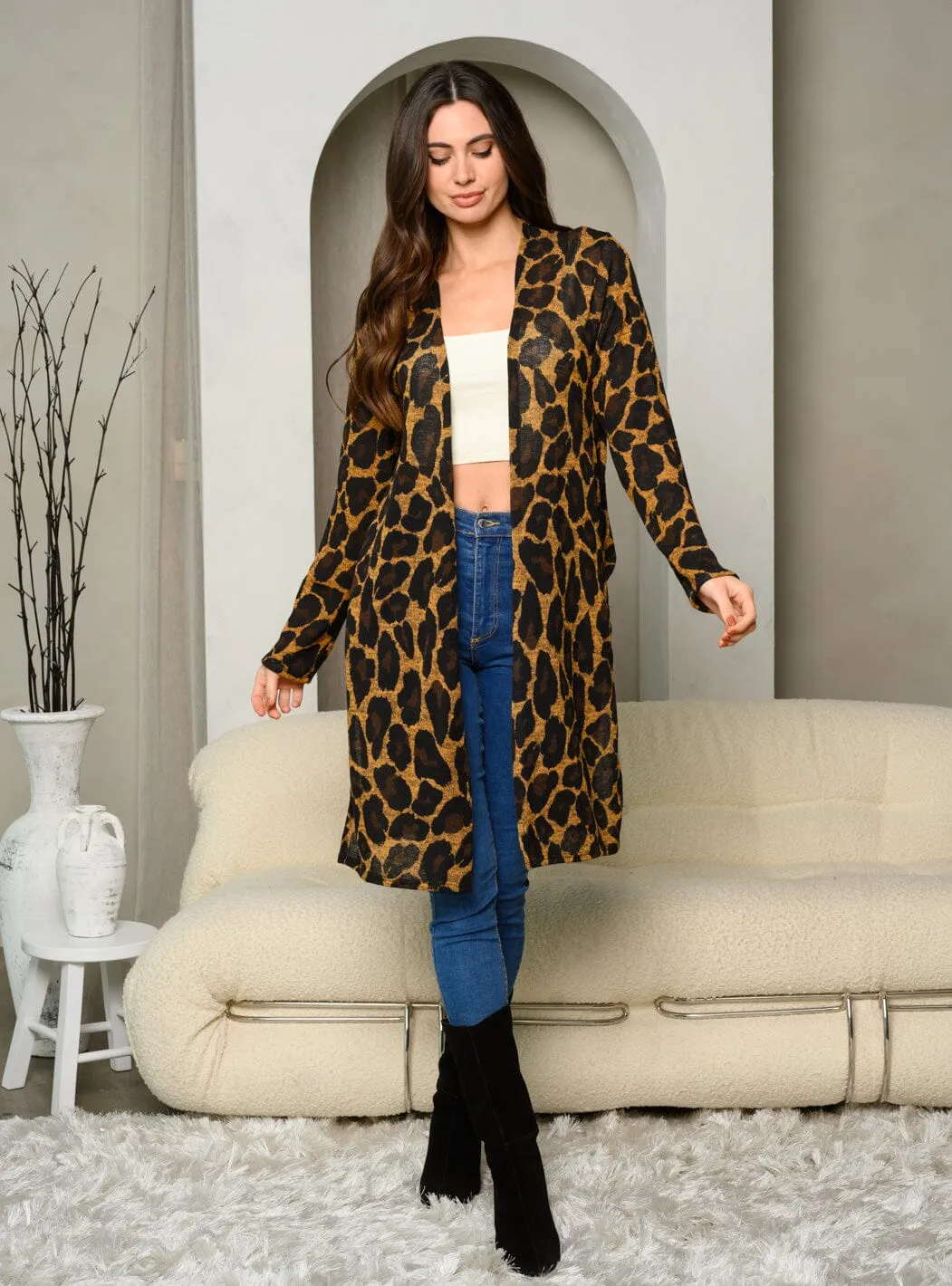WOMEN'S LONG SLEEVE ANIMAL PRINT WITH POCKETS CARDIGAN