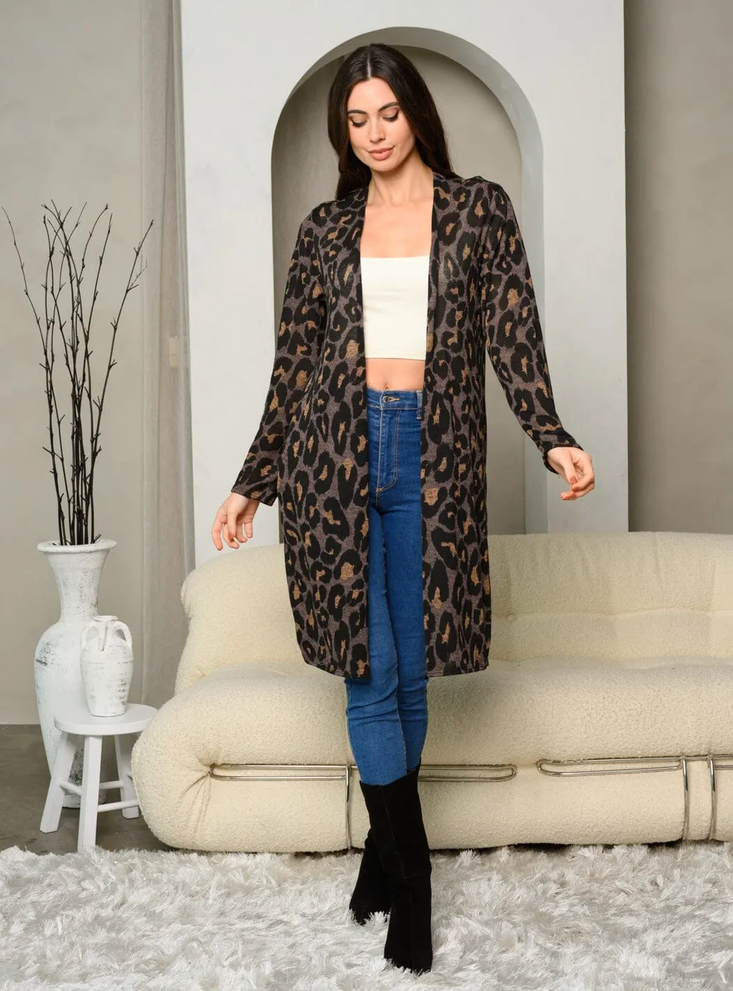 WOMEN'S LONG SLEEVE ANIMAL PRINT WITH POCKETS CARDIGAN