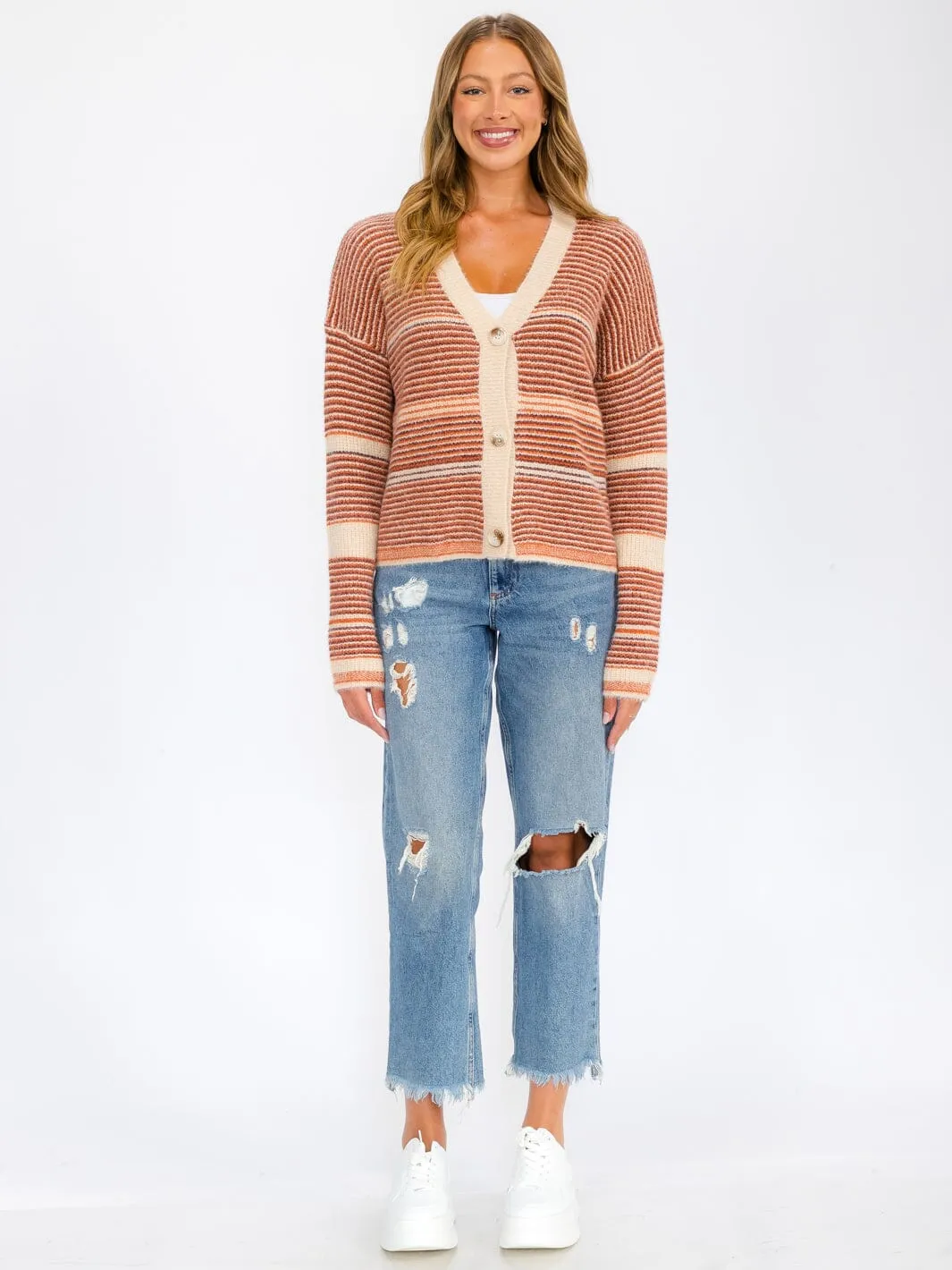 WOMEN'S LONG SLEEVE BUTTON UP COLORBLOCK STRIPES SWEATER CARDIGAN