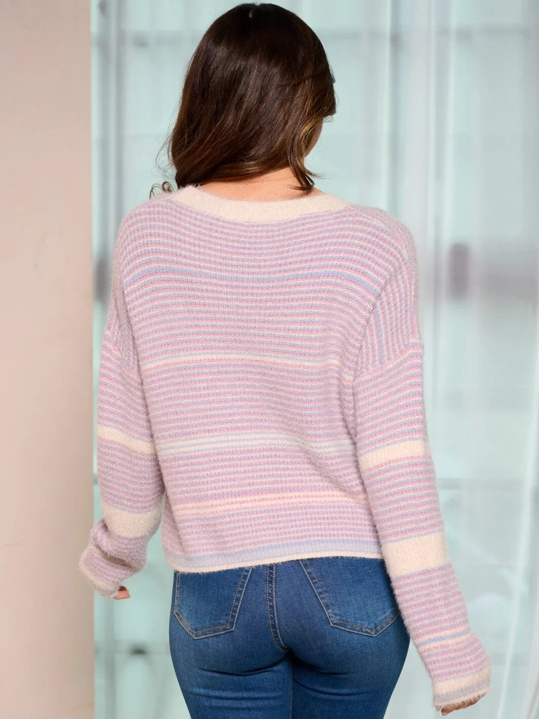 WOMEN'S LONG SLEEVE BUTTON UP COLORBLOCK STRIPES SWEATER CARDIGAN