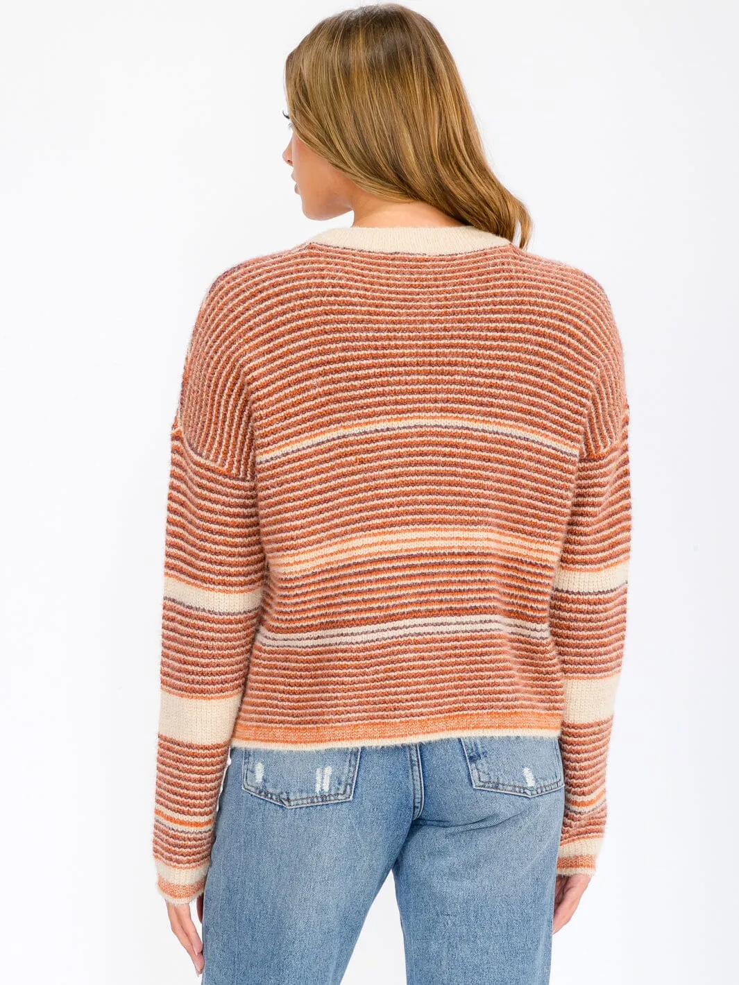 WOMEN'S LONG SLEEVE BUTTON UP COLORBLOCK STRIPES SWEATER CARDIGAN