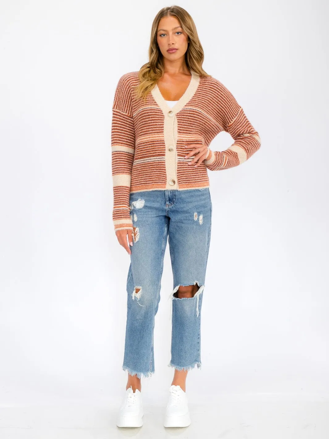 WOMEN'S LONG SLEEVE BUTTON UP COLORBLOCK STRIPES SWEATER CARDIGAN