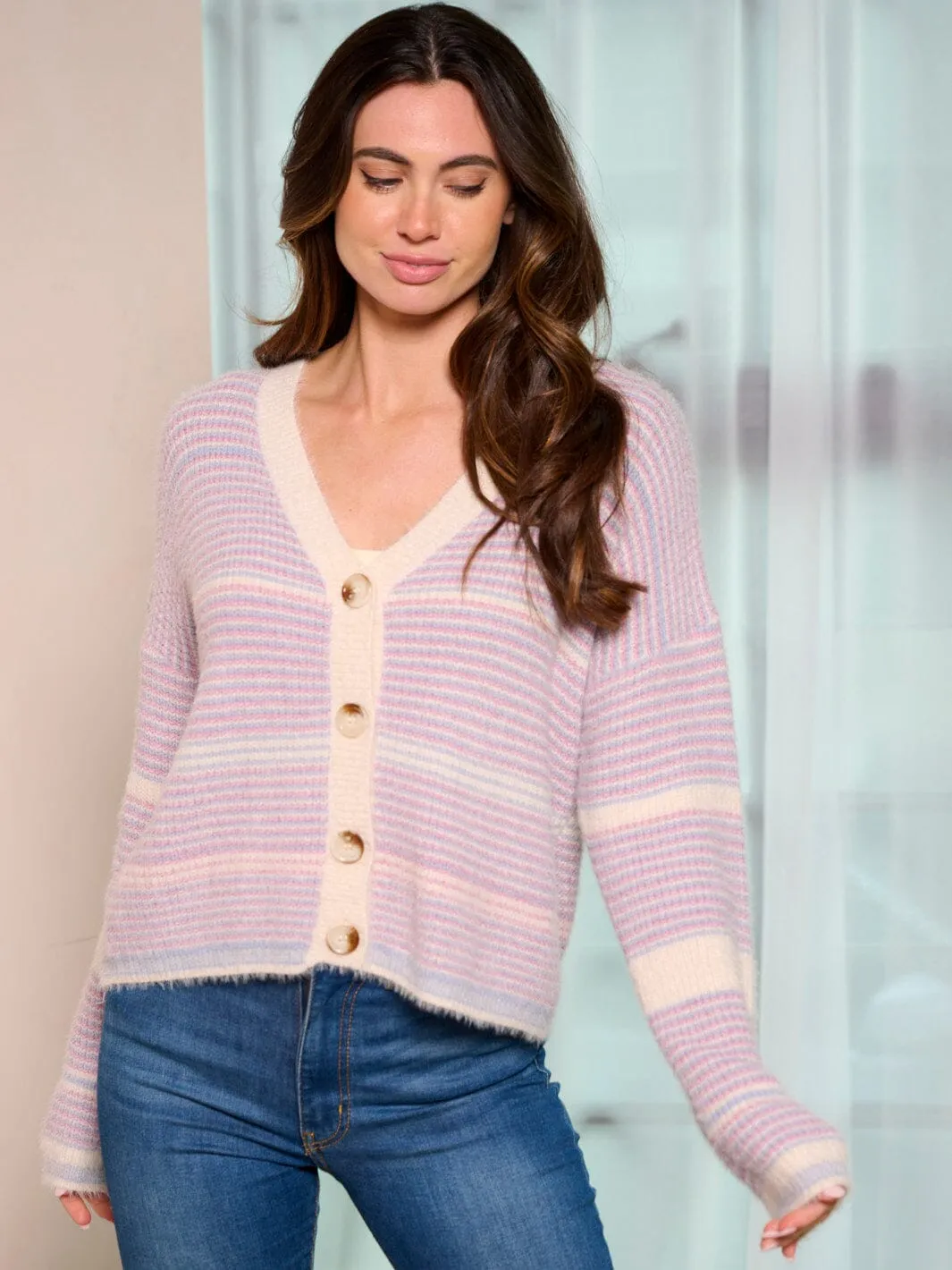WOMEN'S LONG SLEEVE BUTTON UP COLORBLOCK STRIPES SWEATER CARDIGAN