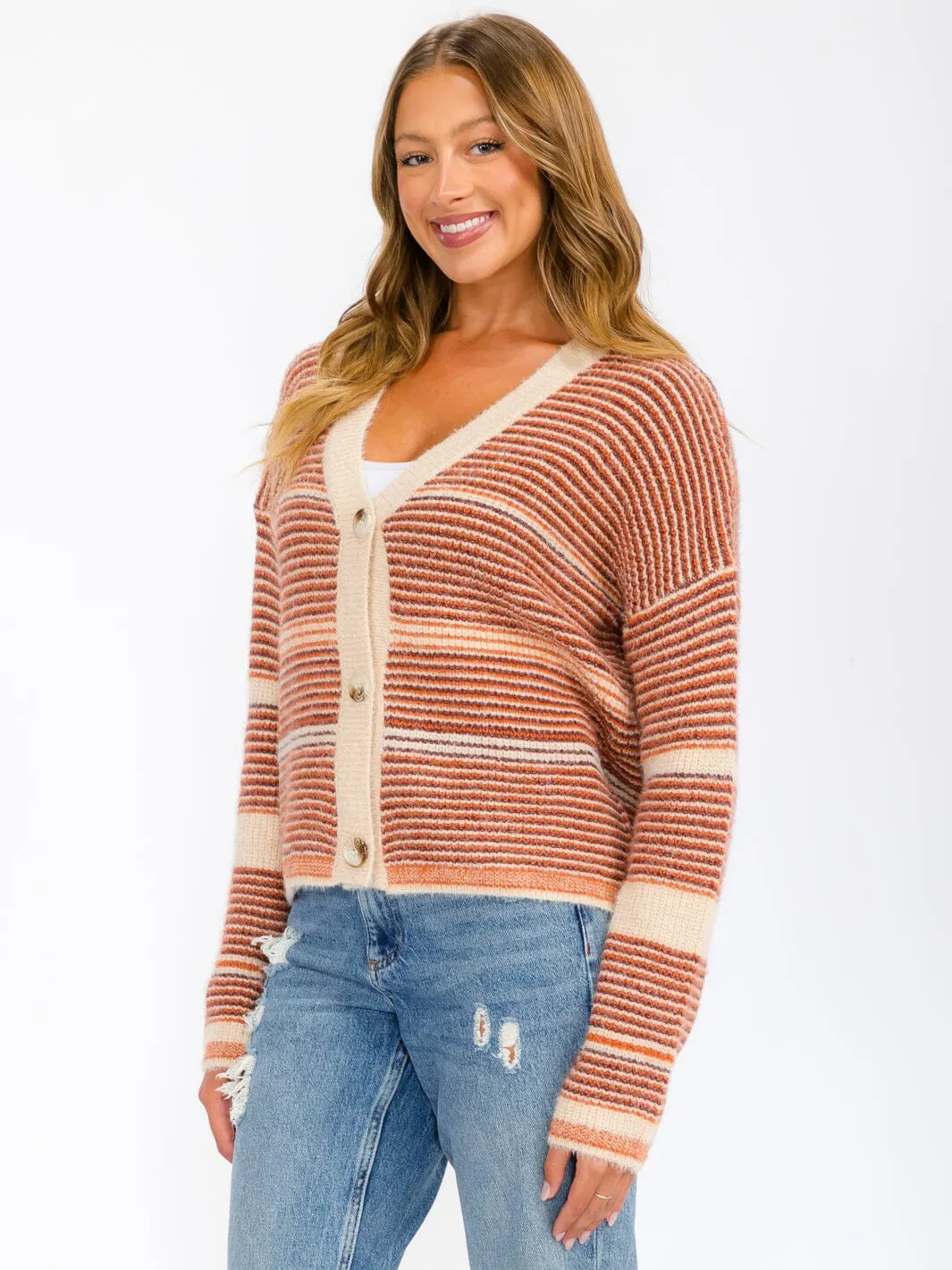 WOMEN'S LONG SLEEVE BUTTON UP COLORBLOCK STRIPES SWEATER CARDIGAN