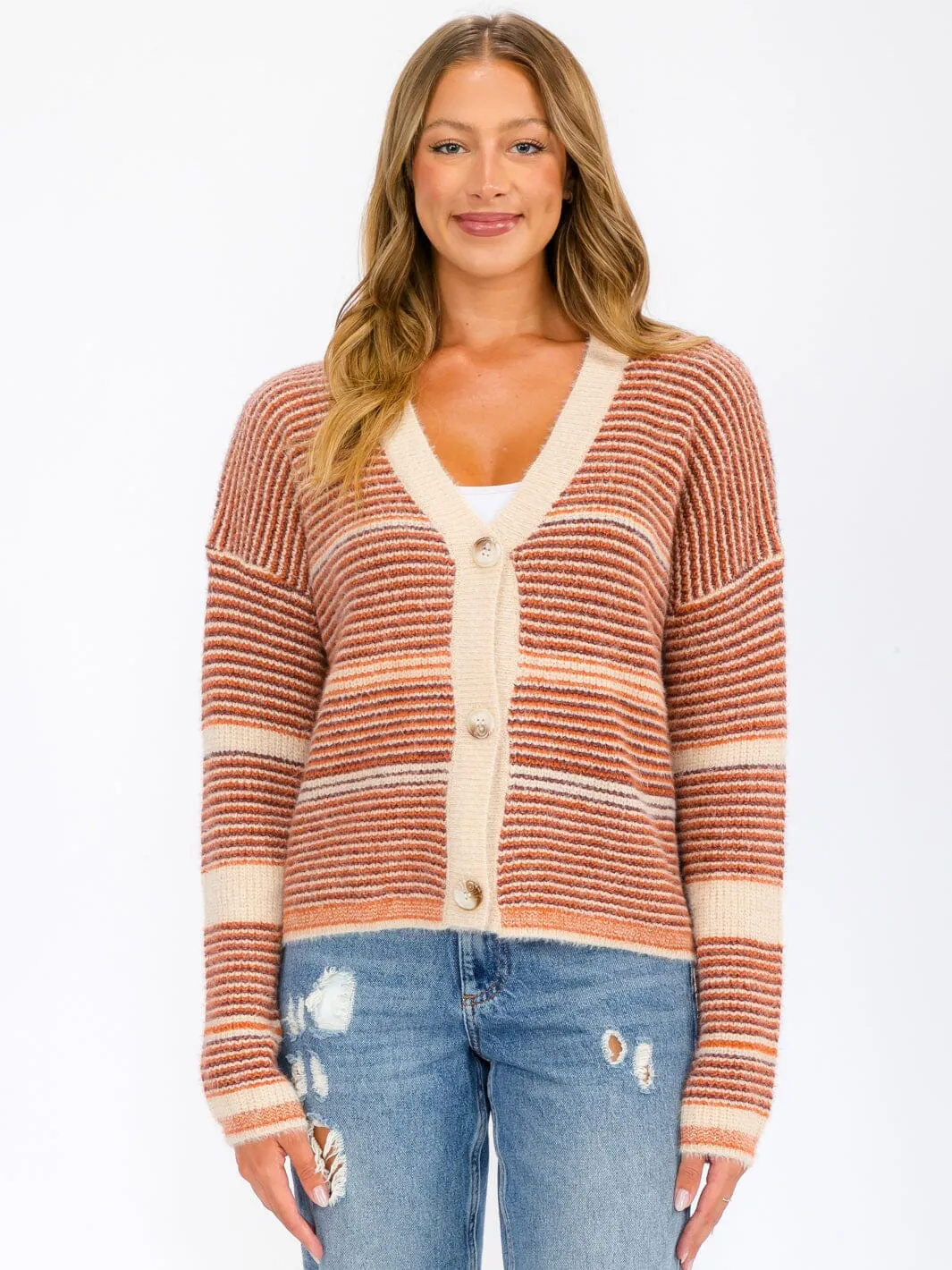 WOMEN'S LONG SLEEVE BUTTON UP COLORBLOCK STRIPES SWEATER CARDIGAN