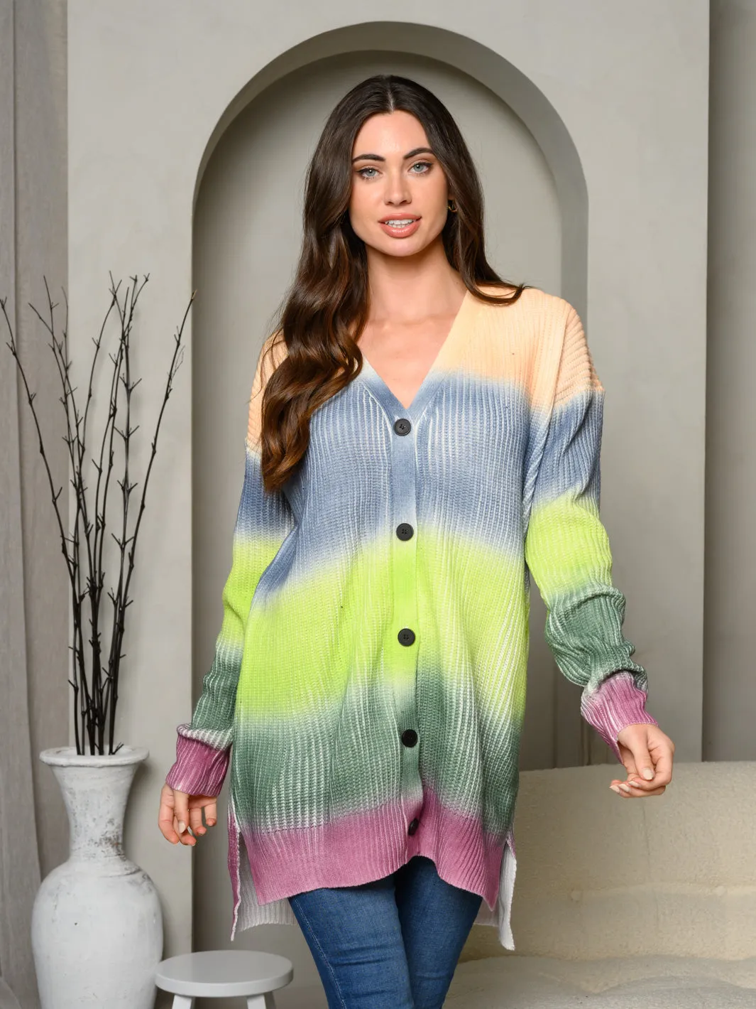 WOMEN'S LONG SLEEVE COLORBLOCK OMBRE CARDIGAN