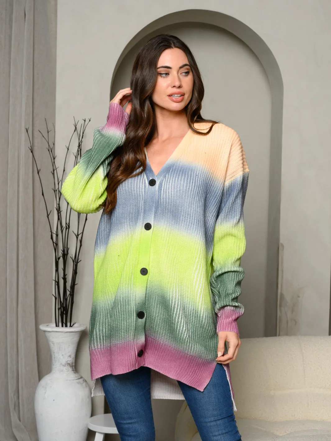 WOMEN'S LONG SLEEVE COLORBLOCK OMBRE CARDIGAN