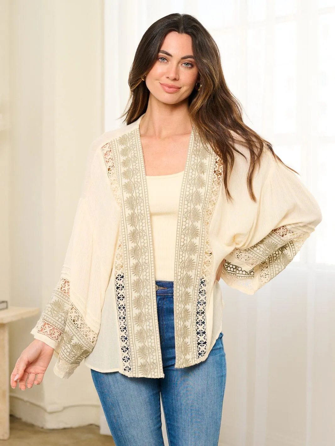 WOMEN'S LONG SLEEVE OPEN FRONT EMBROIDERY DETAILED CARDIGAN