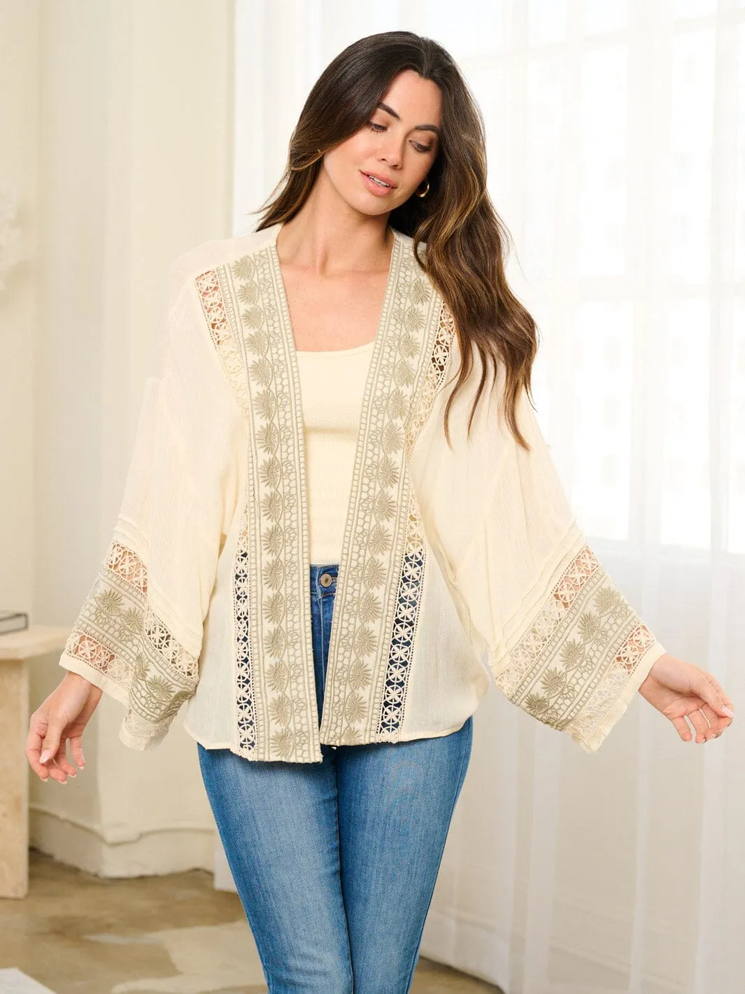 WOMEN'S LONG SLEEVE OPEN FRONT EMBROIDERY DETAILED CARDIGAN
