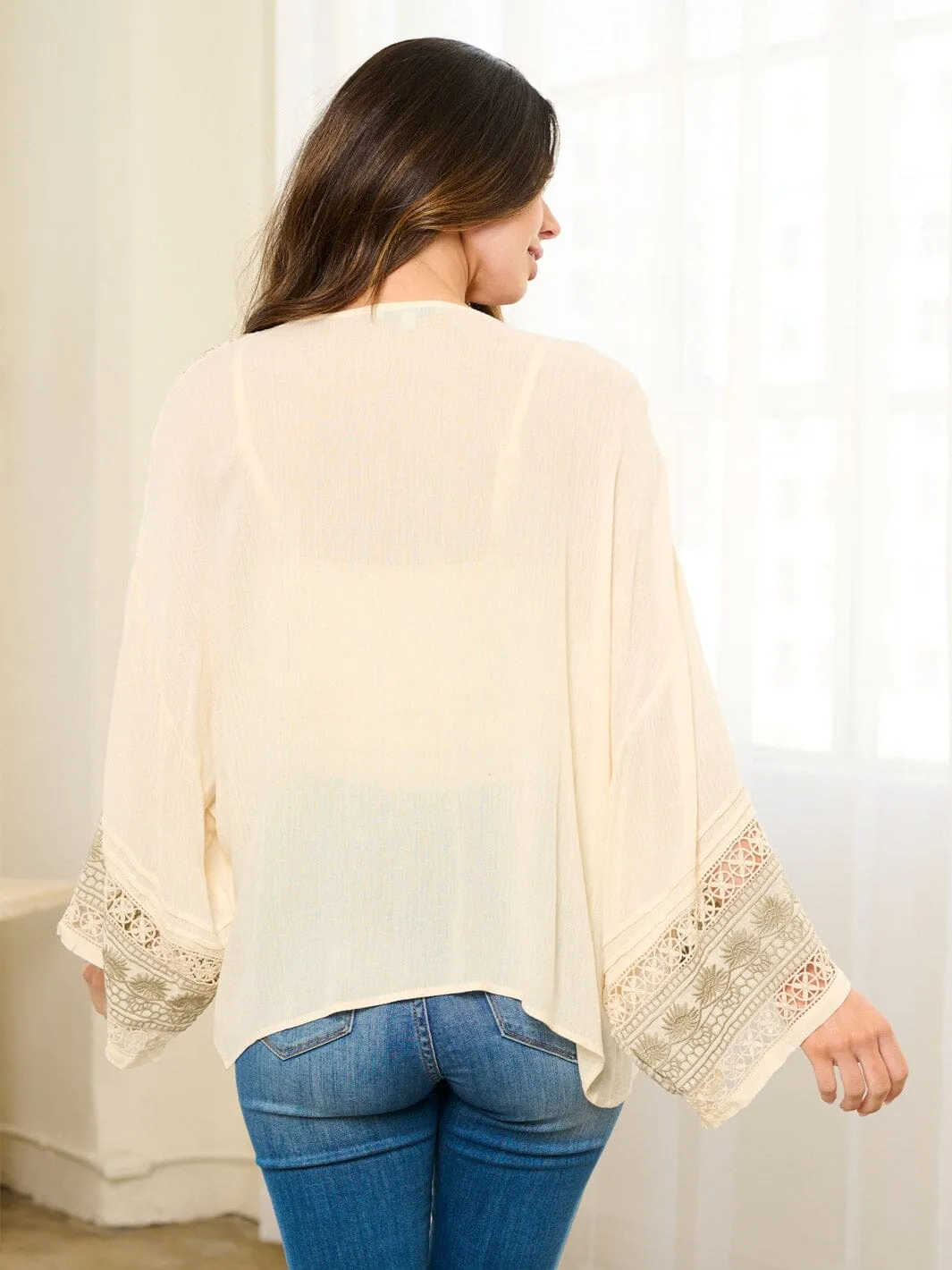 WOMEN'S LONG SLEEVE OPEN FRONT EMBROIDERY DETAILED CARDIGAN