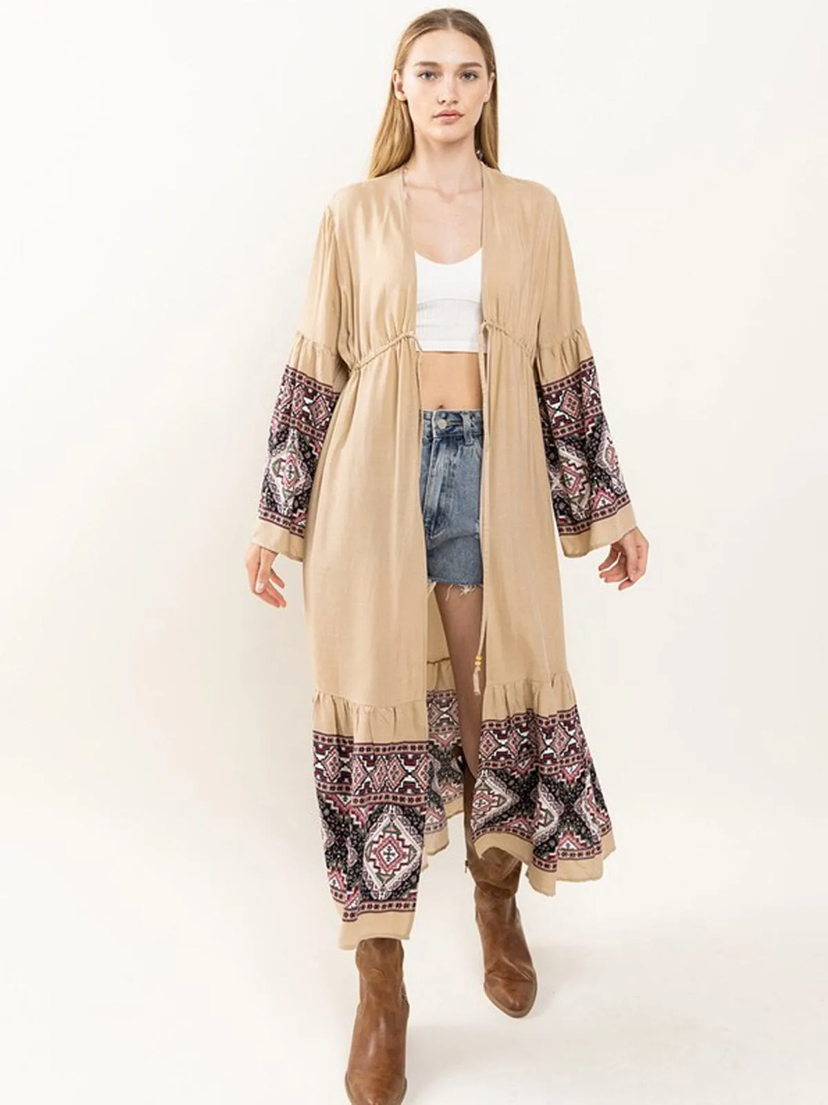 WOMEN'S LONG SLEEVE OPEN FRONT MULTI PRINT KIMONO