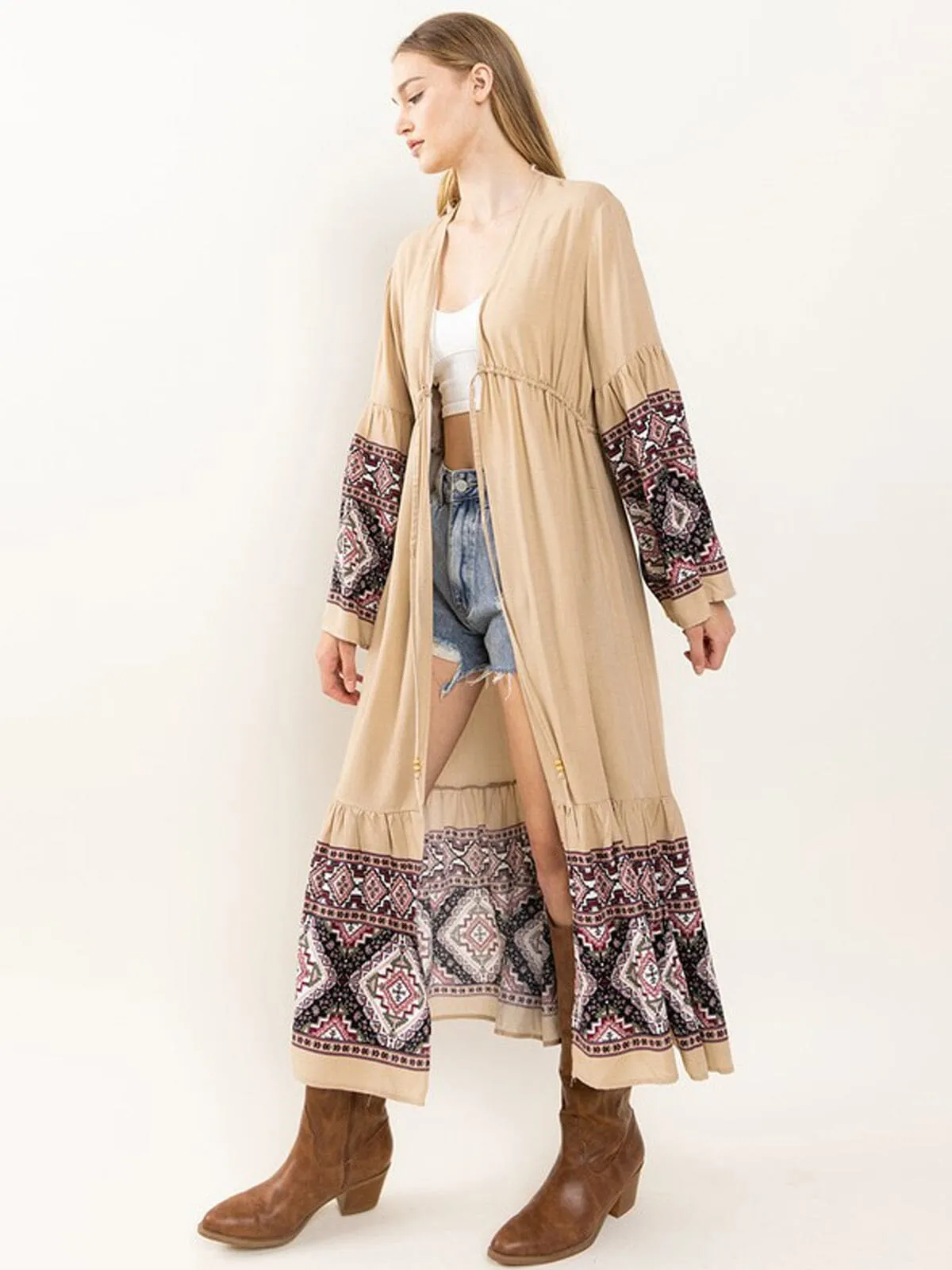 WOMEN'S LONG SLEEVE OPEN FRONT MULTI PRINT KIMONO
