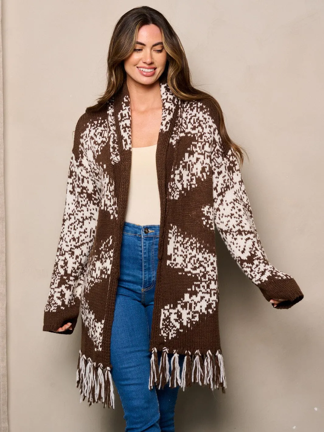 WOMEN'S LONG SLEEVE OPEN FRONT POCKETS COLOBLOCK CARDIGAN