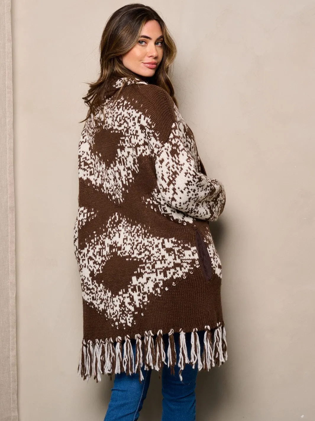 WOMEN'S LONG SLEEVE OPEN FRONT POCKETS COLOBLOCK CARDIGAN