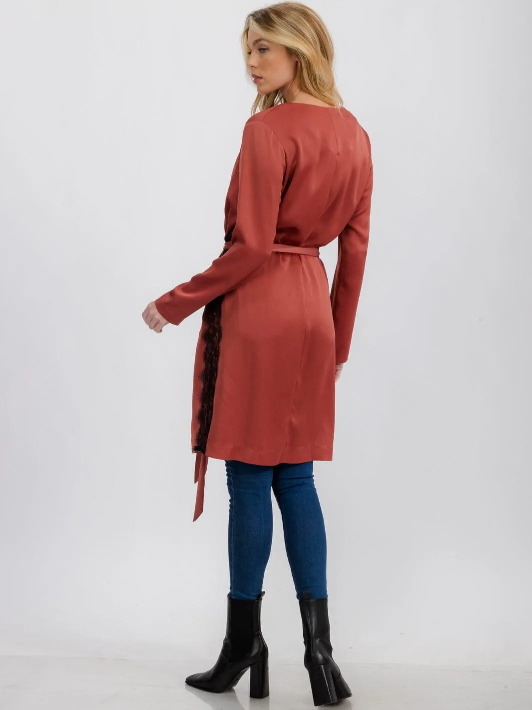 WOMEN'S LONG SLEEVE OPEN FRONT SELF TIE SIDE LACE DETAIED CARDIGAN