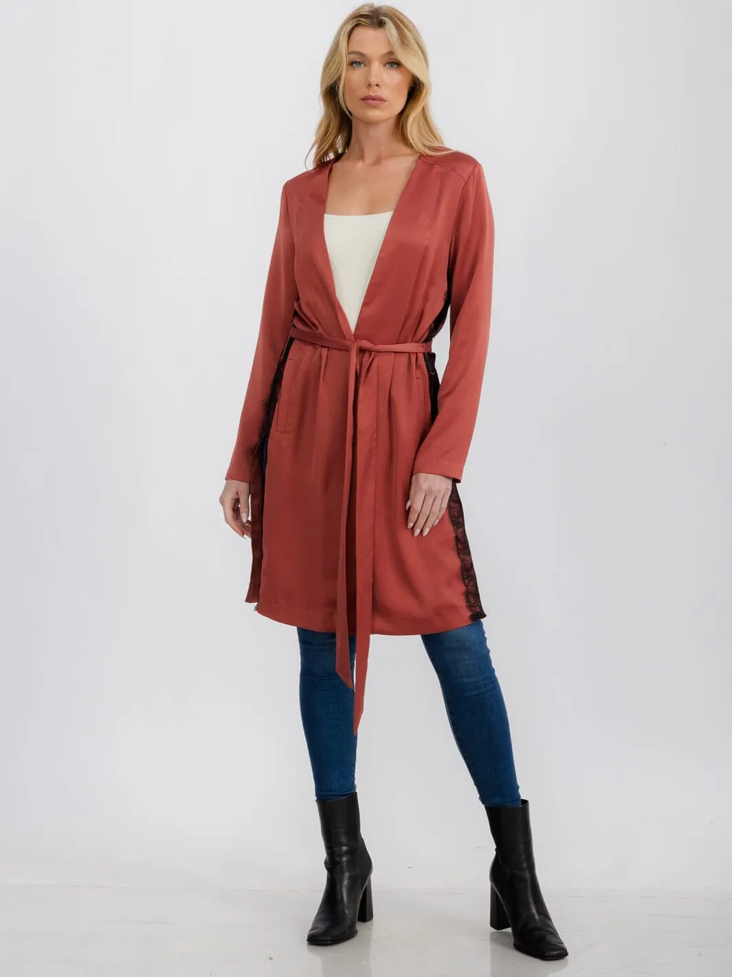 WOMEN'S LONG SLEEVE OPEN FRONT SELF TIE SIDE LACE DETAIED CARDIGAN