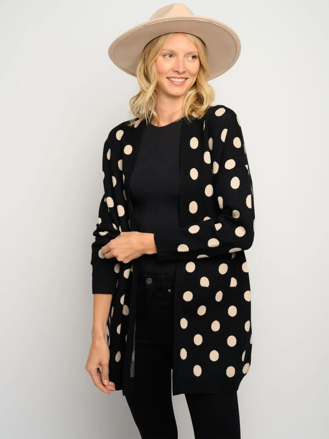 WOMEN'S LONG SLEEVE POCKETS POLKA DOTS CARDIGAN