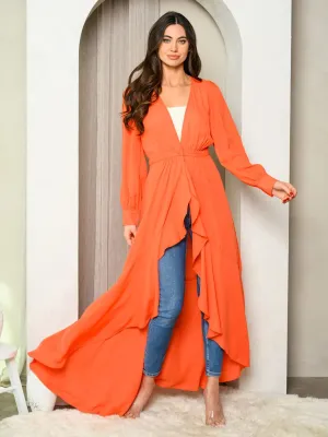 WOMEN'S LONG SLEEVE RUFFLE SELF TIE KIMONO