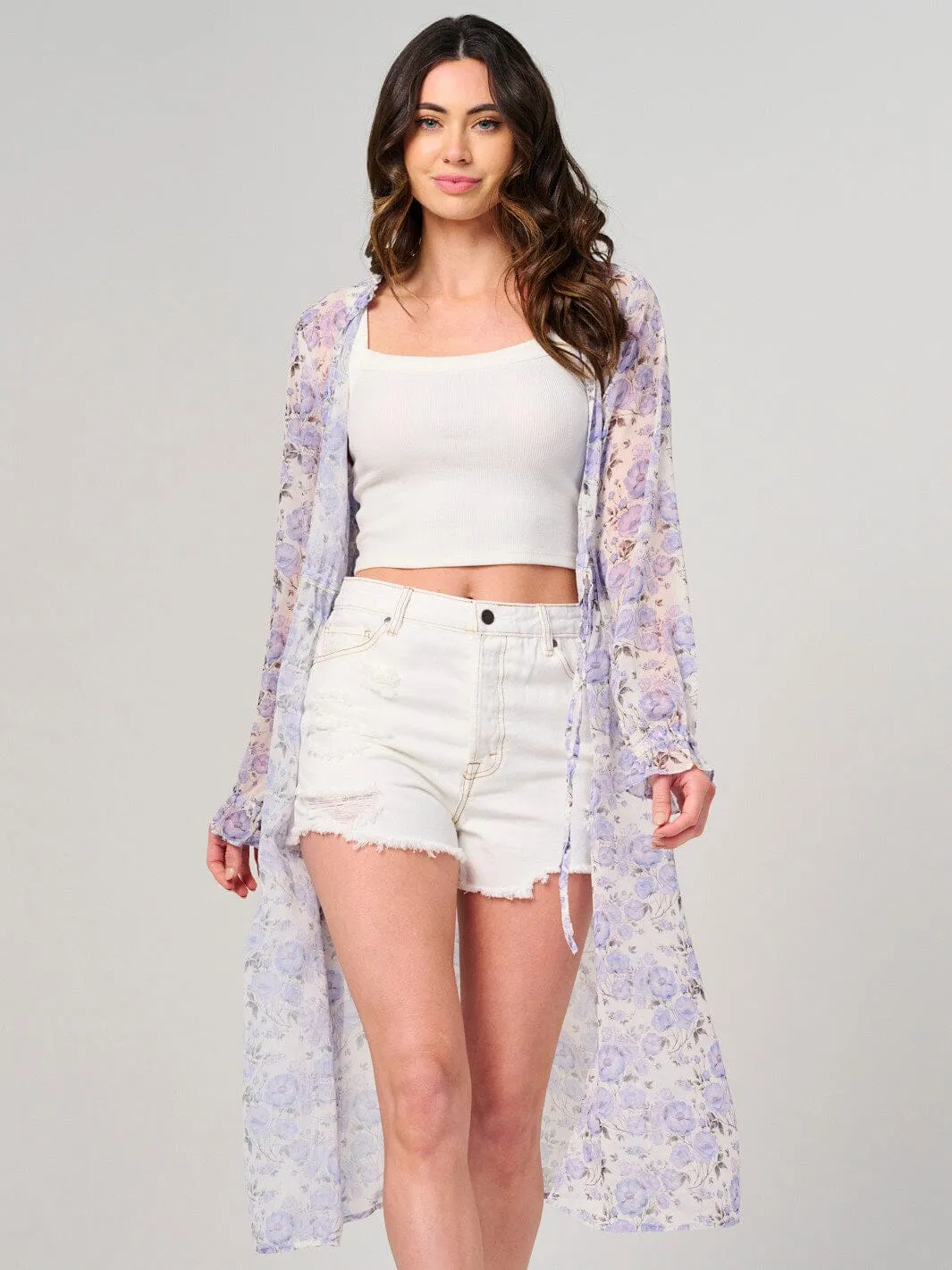 WOMEN'S LONG SLEEVE SELF TIE FLORAL KIMONO