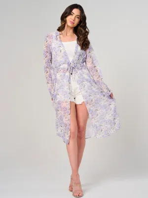 WOMEN'S LONG SLEEVE SELF TIE FLORAL KIMONO