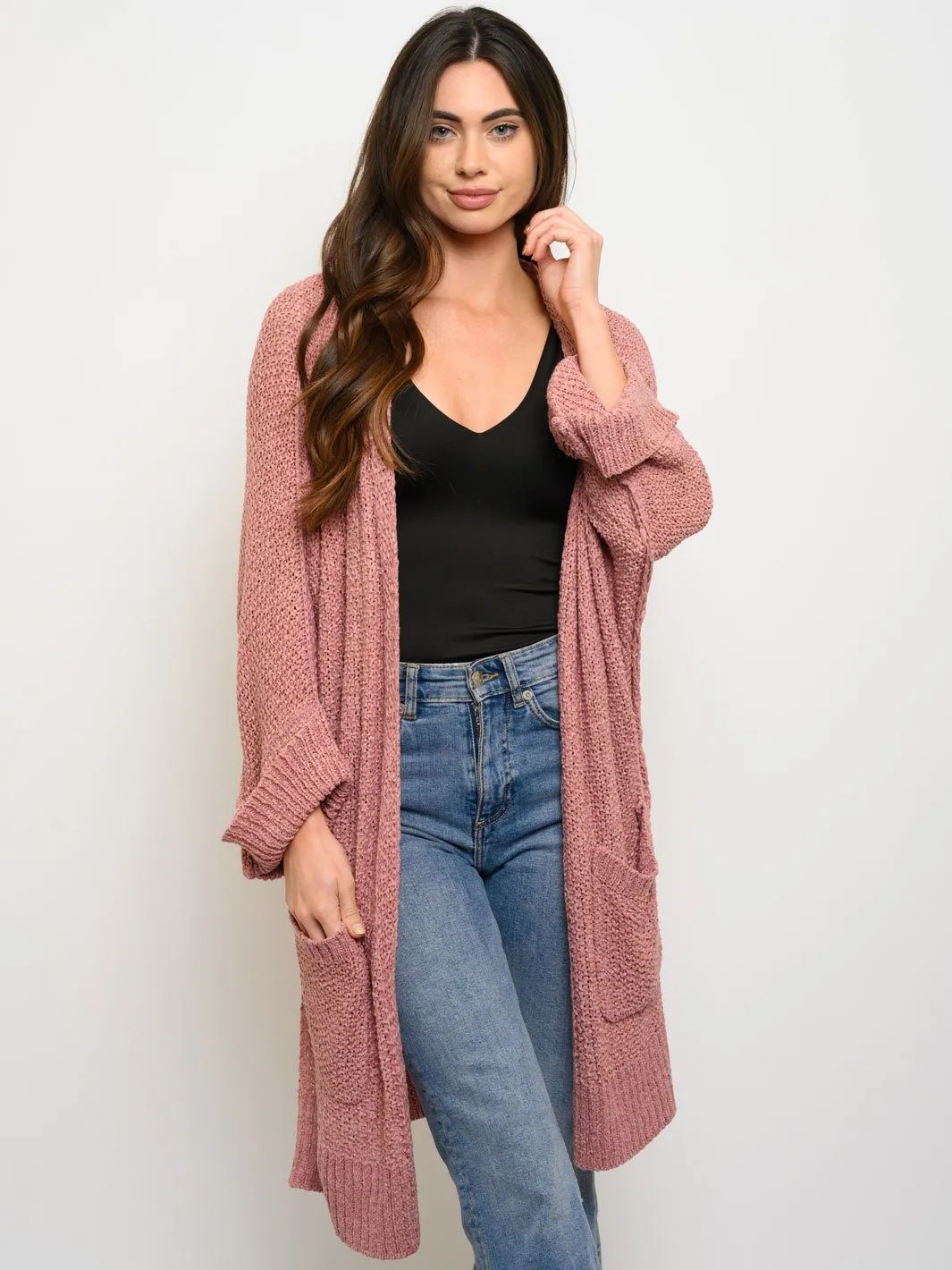 WOMEN'S LONG SLEEVE SIDE SLITS POCKETS CARDIGAN