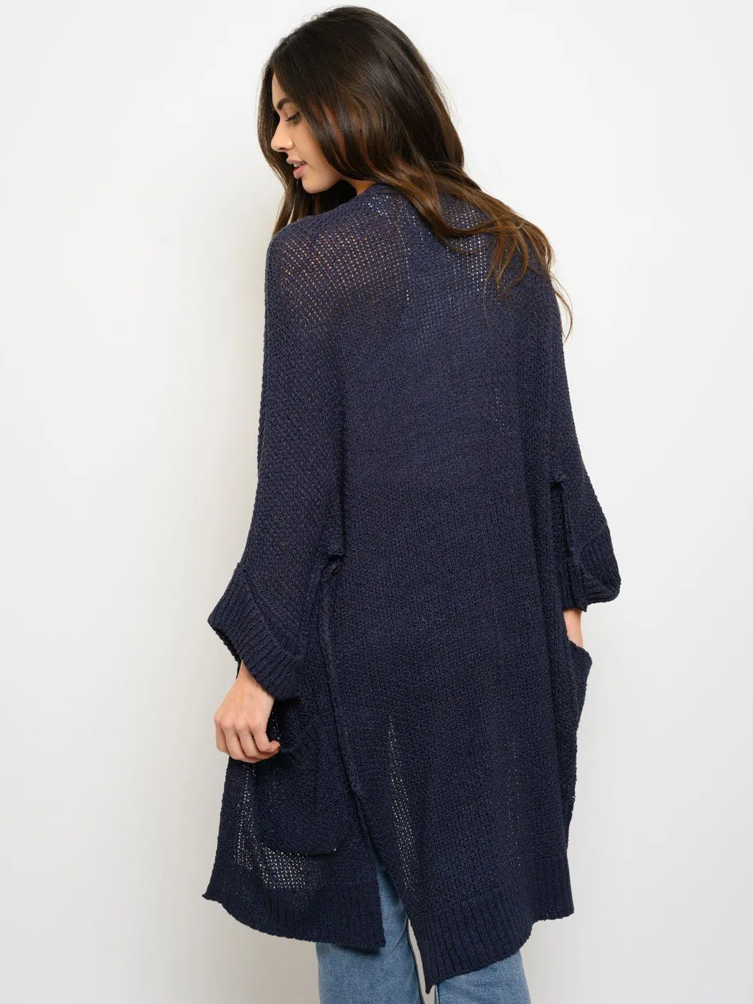 WOMEN'S LONG SLEEVE SIDE SLITS POCKETS CARDIGAN