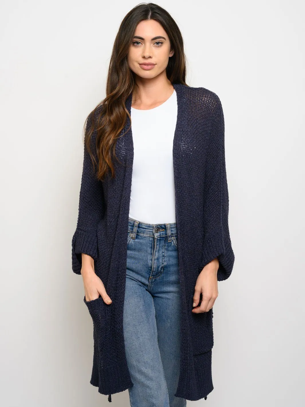WOMEN'S LONG SLEEVE SIDE SLITS POCKETS CARDIGAN