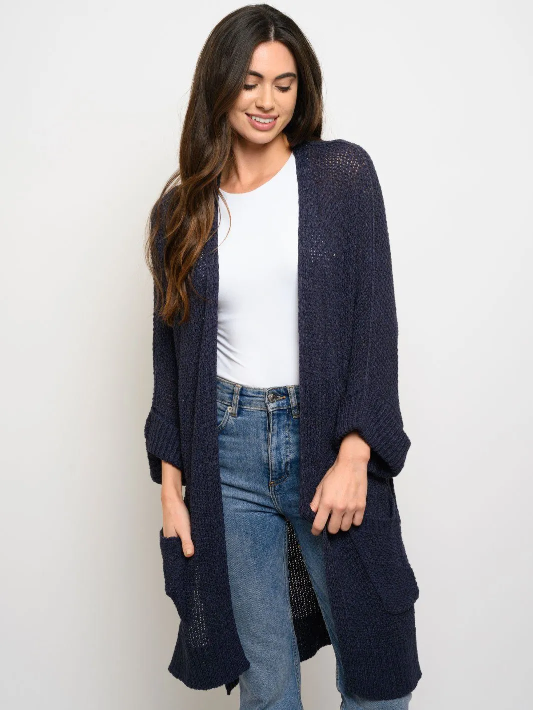 WOMEN'S LONG SLEEVE SIDE SLITS POCKETS CARDIGAN