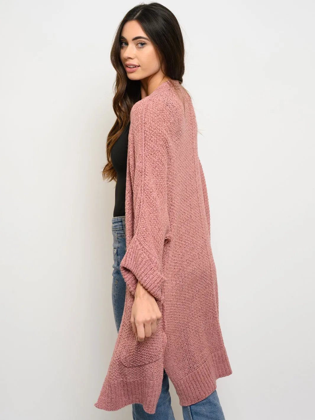 WOMEN'S LONG SLEEVE SIDE SLITS POCKETS CARDIGAN