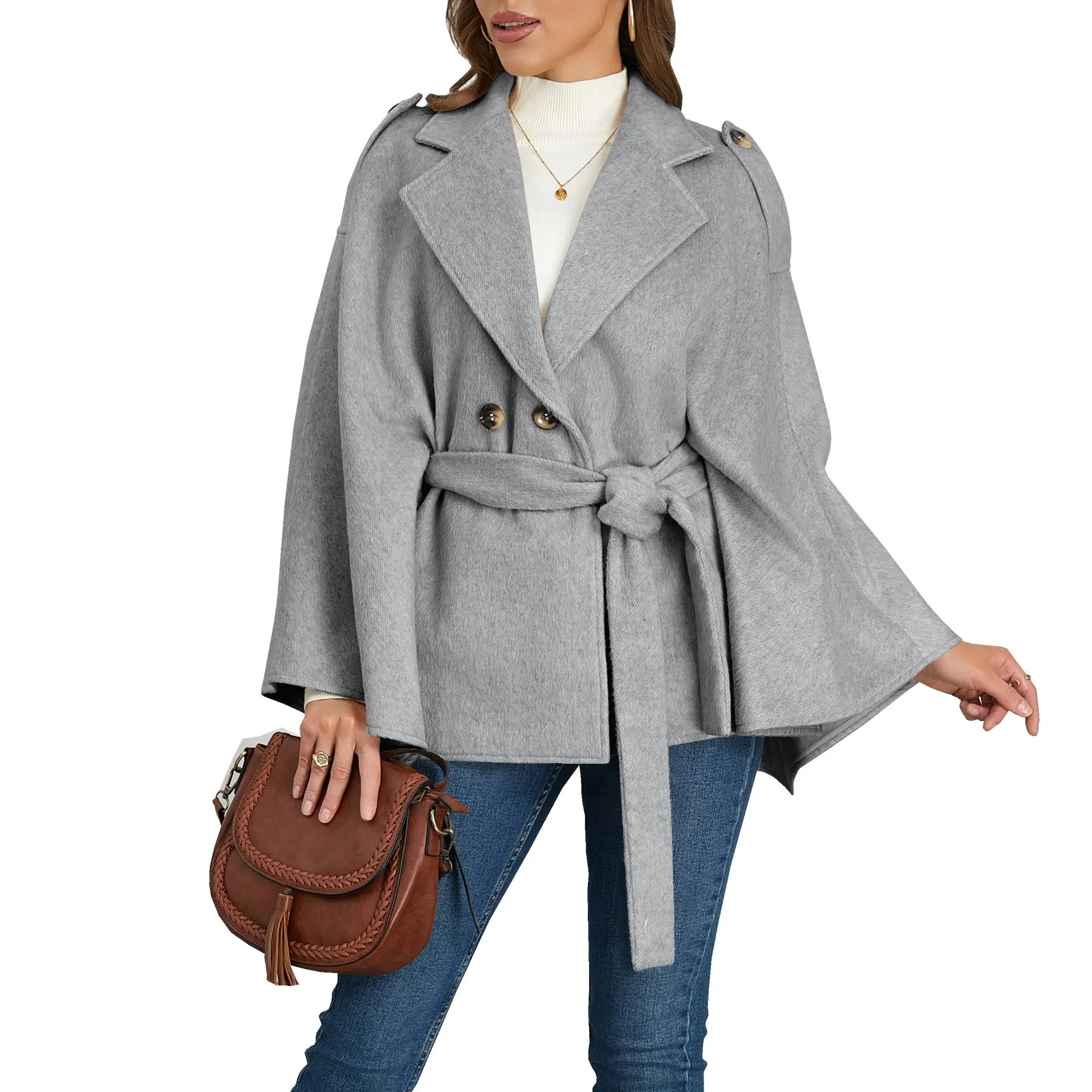 Woolen Coat Lapel Thin Strap Slim Cape Jackets Wholesale Womens Clothing N3824110900062