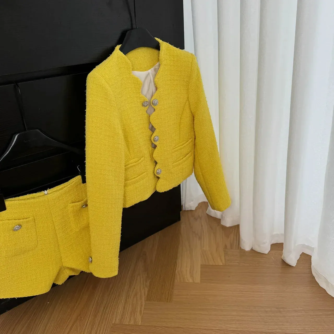 Yellow Tweed Long Sleeve Woolen Coat