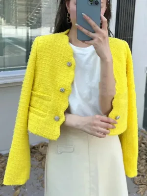 Yellow Tweed Long Sleeve Woolen Coat