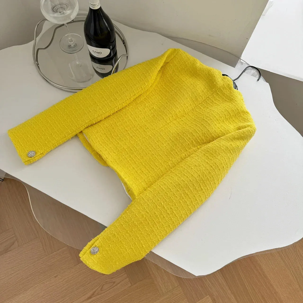 Yellow Tweed Long Sleeve Woolen Coat